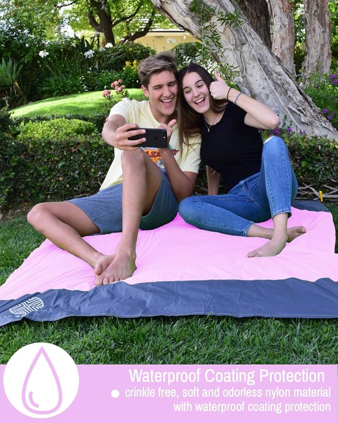 ECCOSOPHY Sand Proof Beach Blanket - Waterproof Picnic Blanket 60x55 Outdoor Compact Pocket Blanket Lightweight Ground Cover for Hiking Camping Festivals Sports Travel with Bag & Stakes (Pink)