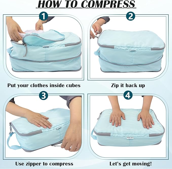 Large Compression Packing Cubes for Travel, 2 Set Compression Bags Travel Cubes for Packing Suitcase Luggage Organizer, Blue