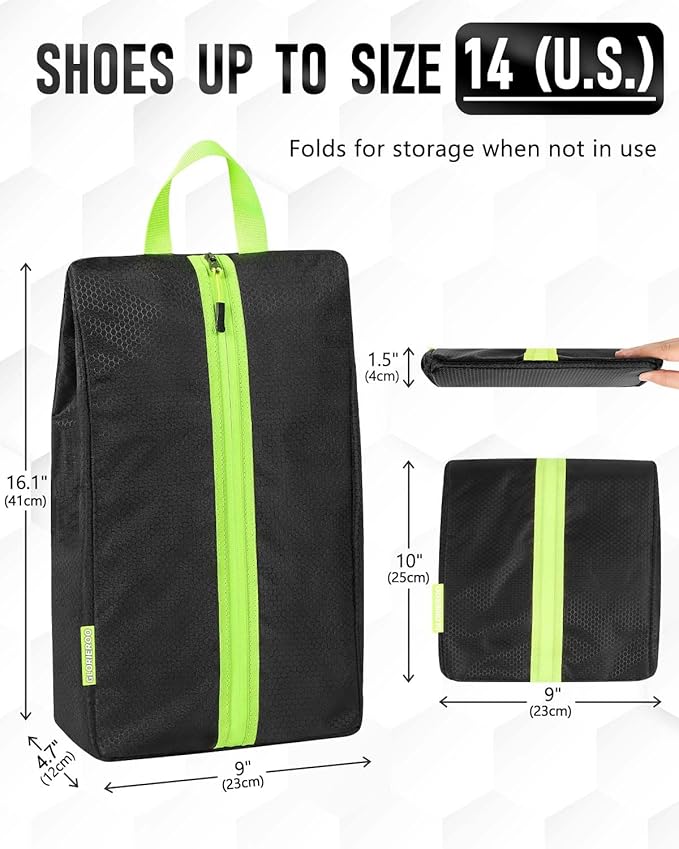 Smell Proof Shoe Bags for Travel-Soccer Cleat Bag Smell Proof with Active Carbon Fabric | Odor-Absorbing Water-Resistant Track Shoe bags for Sports (2 Black with Green, UP TO US14)
