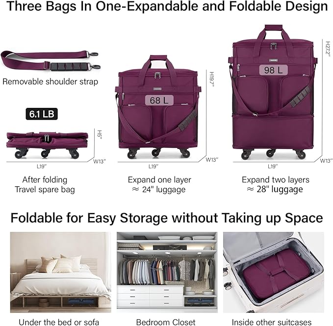Hanke Expandable Large Suitcase 4 Wheels Lightweight Collapsible,Foldable Suitcases &Travel Bags Hand Luggage Extend 20/24/28 inch Suitcases Duffel Bag Without Telescopic Handle for Men & Women