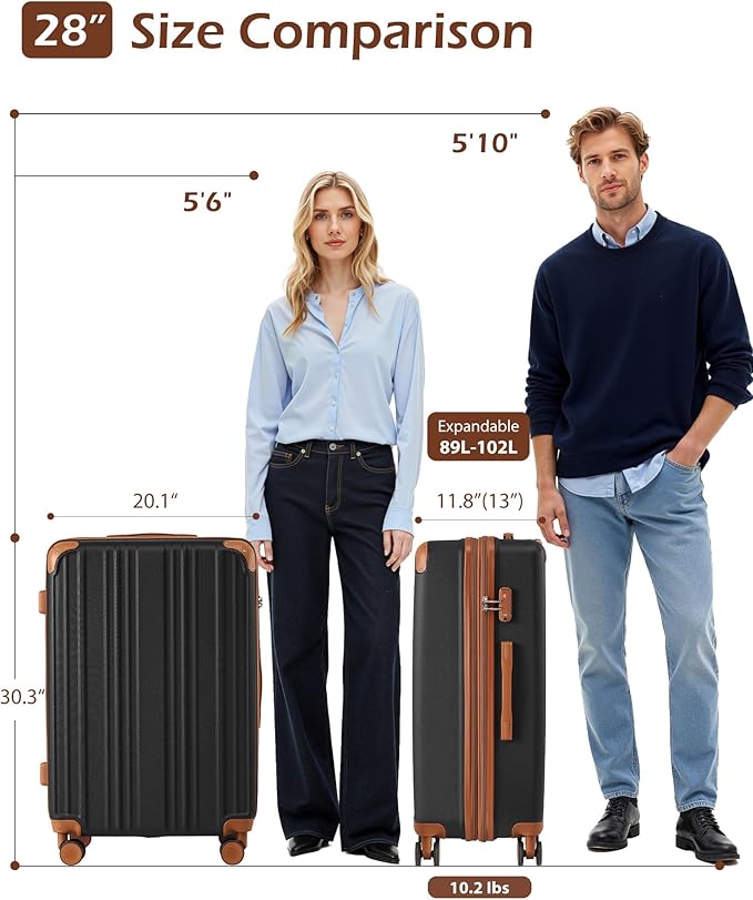 Coolife Luggage, Suitcase with Durable and Lightweight, Large Checked Luggage with ABS Hardshell Expandable, Dual Spinner Wheels, TSA Lock, and YKK Zipper (apricot black, L(28in))