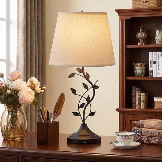 Kakanuo Table Lamp for Living Room, Bedside Lamp for Bedroom, Rustic Lamp | Knob Switch, USB C+A Charging Ports, Corded, Traditional Rustic Leaf Lamp for Livingroom, Bedside, Bedroom, Nightstand