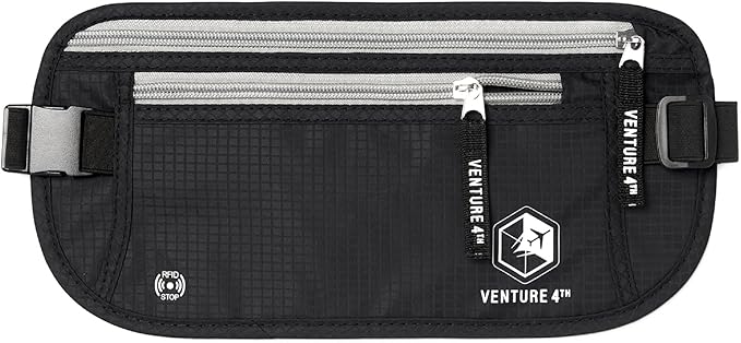 VENTURE 4TH Money Belt for Travel – Hidden Under-Clothes RFID Blocking Passport Holder & Slim Travel Wallet Pouch for Men & Women to Protect Cash, Cards & Documents (Black)