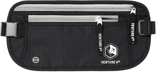 VENTURE 4TH Money Belt for Travel – Hidden Under-Clothes RFID Blocking Passport Holder & Slim Travel Wallet Pouch for Men & Women to Protect Cash, Cards & Documents (Black)