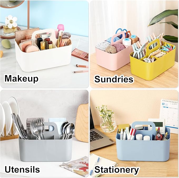 Multiuse Caddy Organizer with Handle, Portable Divided Plastic Tote Bin - Art Craft, Stationary Pen Marker Crayons, Makeup Hair Supplies Storage - Bathroom, Classroom, Dorm, Office, Desk Holder -White