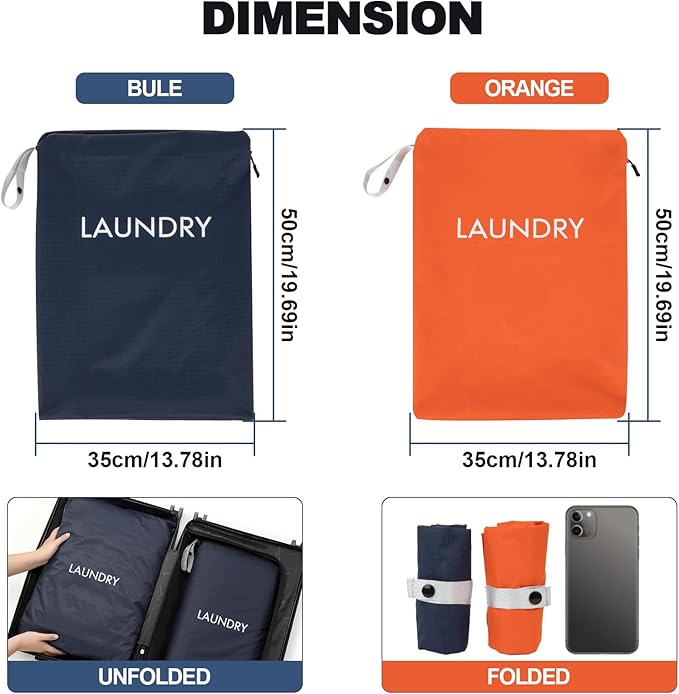 CARGEN 2 Pack Travel Laundry Bag for Dirty Clothes - Foldable and Washable Waterproof Nylon Bag with Zipper, Portable Large Laundry Organizer for Travel Gym Beach Camping and Dorm, Large 20“ x 14”