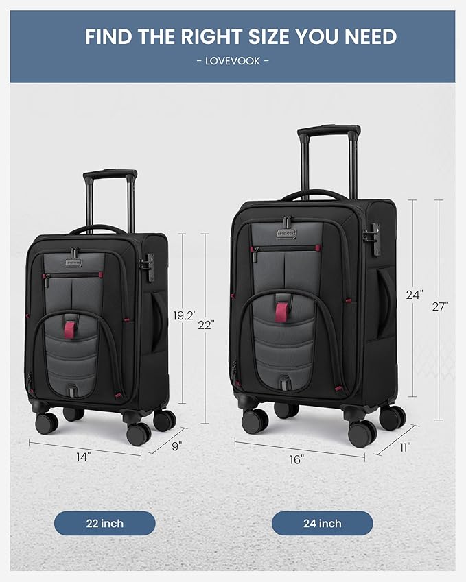 LOVEVOOK Business Softside Checked Luggage with 15.6/17.3 Inch Laptop Compartment, 24 Inch Checked Suitcase with Spinner Wheels Large Capacity Luggage with TSA Lock for Business Trip Travel Grey&Black
