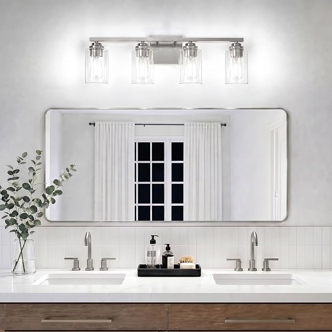 VerRon 4-Light Bathroom Light Fixtures, 27" Brushed Nickel Modern Vanity Lights Over Mirror with Clear Glass Shades, Classic Wall Light Fixture for Mirror Living Room Cabinet Bedroom Porch | Modern Vanity Lights Over Mirror with Clear Glass Shades, Wal...