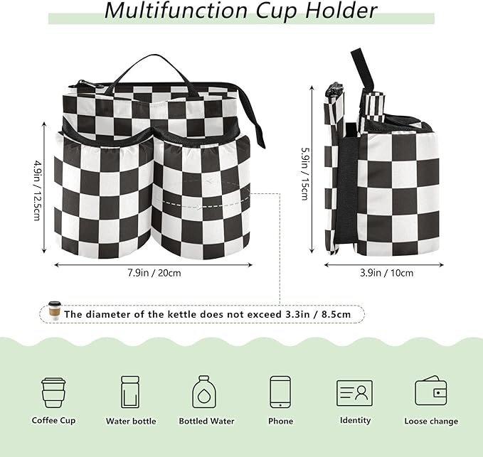 Checkered Black Luggage Cup Holder Travel Portable Free Hand Drink Carrier Suitcase Drinks Beverage Holder Carry-On Bottle Mug Holder Organizer Bag Travelers Accessories