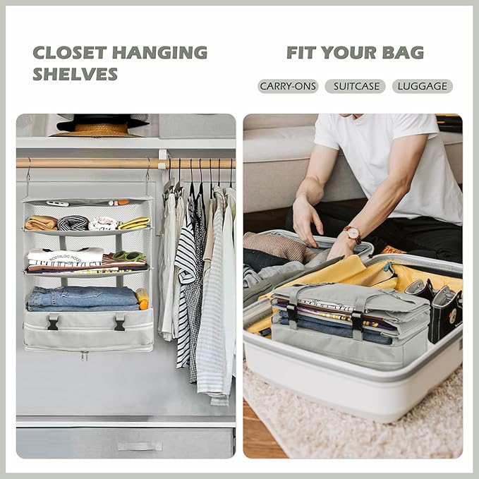 Surblue Hanging Closet Storage Bag Collapsible 3-Shelf Washable Oxford Fabric with 2 Hooks (XL 17.71 * 11.81 * 20in, Light Gray)