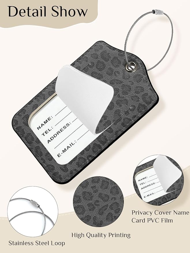 Seorsok 2 PCS Luggage Travel Tags for Suitcases,Cute Black Leopard PU Leather Name Tag with Privacy Cover&ID Label Address Card and Durable Metal Ring Suitable for Men Women Handbags Backpack,Black