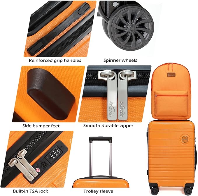 ABS+PC Carry on Luggage set with backpack 3 Pcs suitcace with Spinner wheels TSA Lock 20-In hardshell Lightweight Luggage set (Orange)