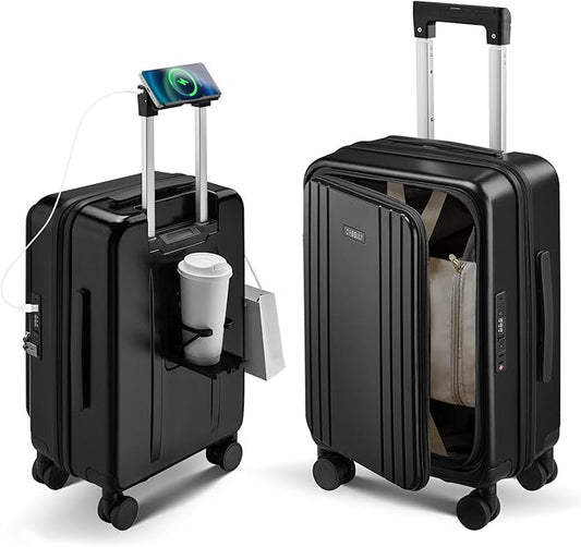 Carry On Luggage Top Opening with Cup Holder & Phone Holder, Expandable PC Hard Shell Suitcase, USB Charging Port, Side Hook, 360° Spinner Wheels, TSA Lock & YKK Zippers for Women Man Gifts