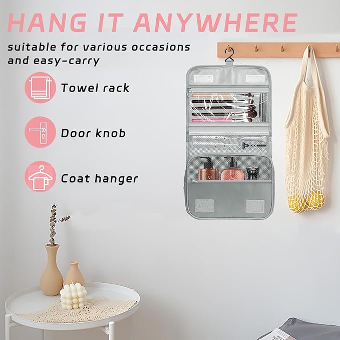 Toiletry Bag Travel Bag with Hanging Hook, Waterproof Capacity Hanging Multifunctional Makeup Bag for Toiletries, Portable Cosmetic Bag Travel Organizer for Women and Men(Light Grey)
