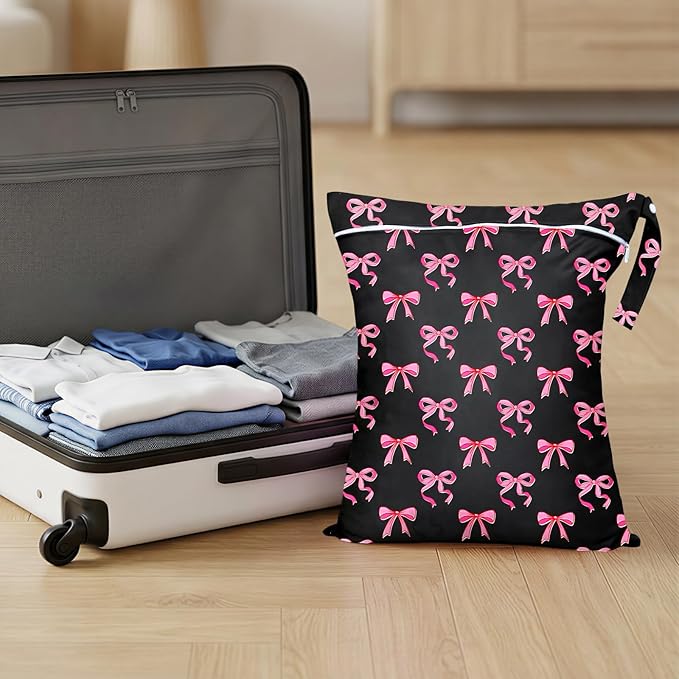 2 Pcs Large Travel Laundry Bags Waterproof Wet Dry Bag, Washable Dirty Clothes Bags for Travel，Drawstring, Bathing Suit, Workout, Gym Clothes Laundry, Swimming Pool & College Dorm, Black Bow