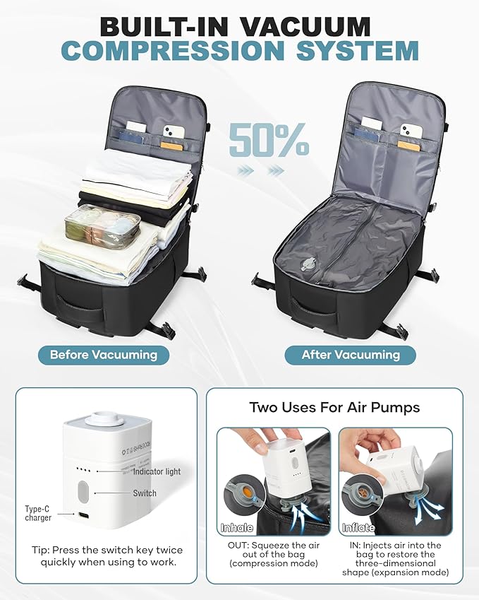 coofay Large Vacuum Backpack Travel with Pump Vacpack Travel Backpack with Vacuum System Compression Backpacks for Travel Easy Vac Pack Carry on Luggage