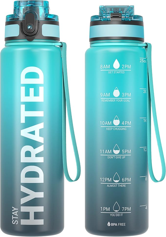Sahara Sailor Water Bottle, 32/25/17oz Durable and Leakproof Water Bottles Motivational with Time Marker, Tritan, BPA Free, Wide Mouth with Easy Clean Brush for Gym, Travel, School, Office (1 Bottle)