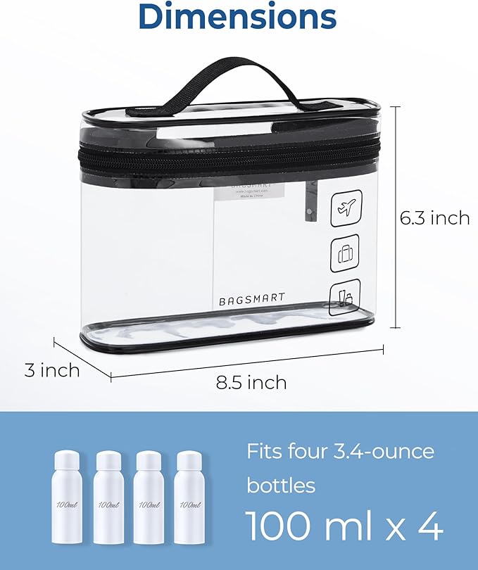 BAGSMART TSA Approved Toiletry Bag, 2 Pack Clear Makeup Cosmetic Bag Organizer, Quart Size Travel Bag for Toiletries, Carry-on Travel Accessories Essentials, Purple-2pcs