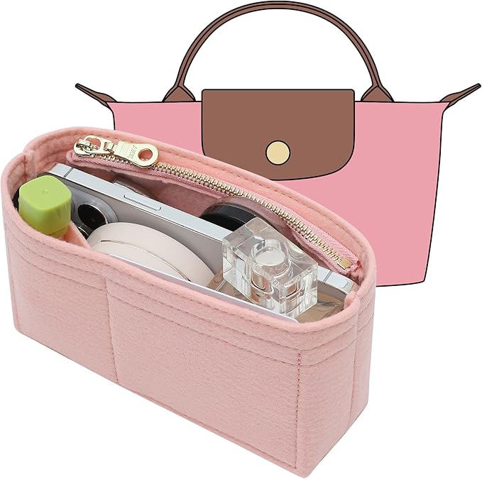 Small Purse Organizer Insert Compatible with Longchamp Mini LePliage Xtra/Original/Green XS Pouch, Felt Handbag Organizer Divider Shaper Inner with Zipper, Pink/XS