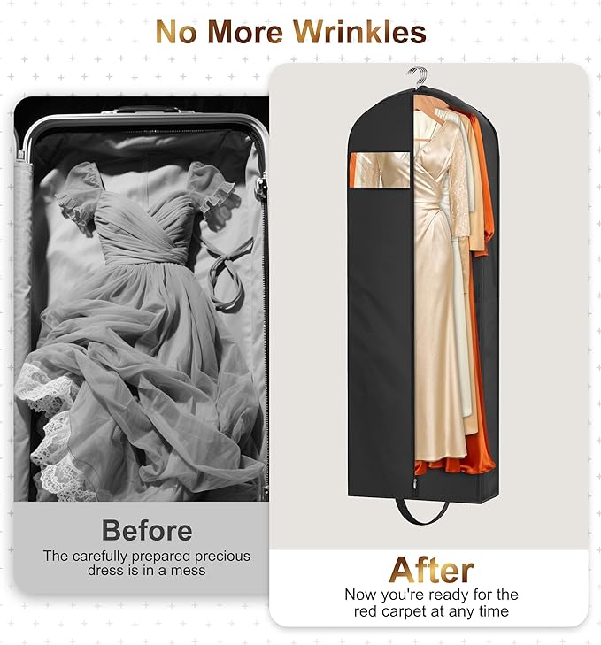 MISSLO 72" Wedding Dress Garment Bag for Travel Waterproof Dress Bags for Gowns Long 4" Gusseted Dresses Protector Bag for Closet Storage Clothing Covers for Hanging Clothes, Black