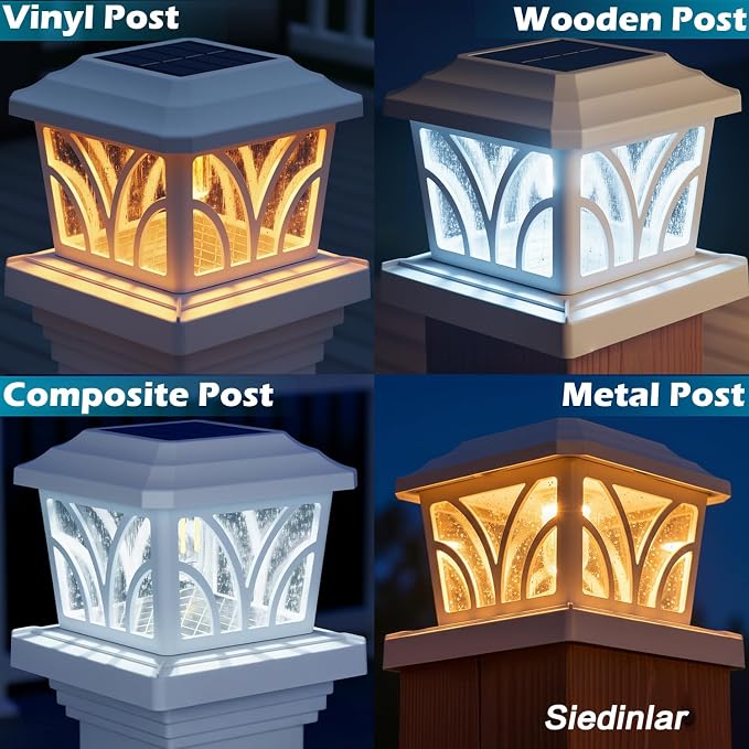 SIEDiNLAR Solar Post Cap Lights Outdoor, Aluminum Glass 2 Modes Edison LED Bulbs for 4x4 5x5 6x6 Wooden Vinyl Posts Deck Fence Patio Decor, Warm White/Cool White Lighting 8 Pack (White)