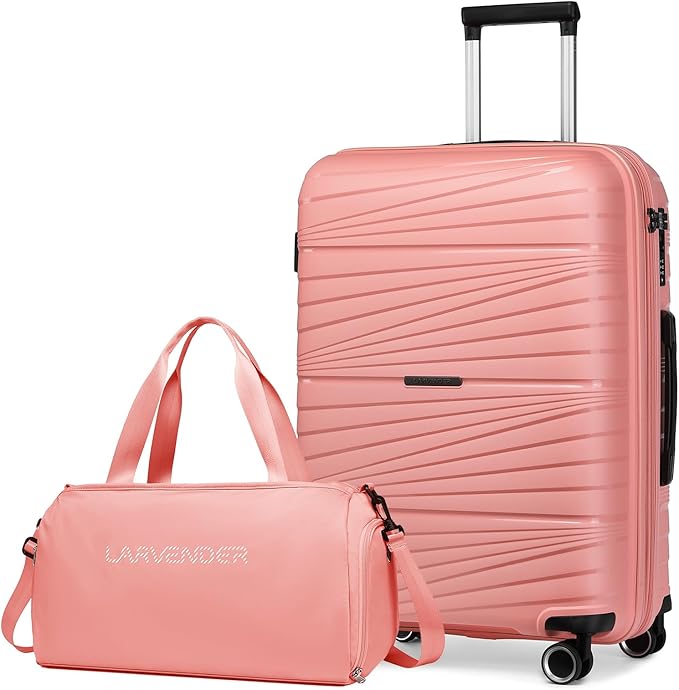 LARVENDER Luggage Sets 2 Piece, Expandable PP 24 Inch Check-in Suitcase with Duffle Bags for Women, Luggage Set Clearance with Spinner Wheels TSA Lock (Peach)