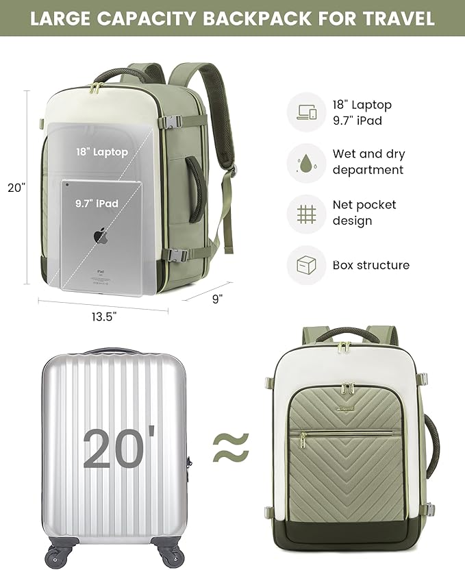 LOVEVOOK Large Travel Backpack for Women, TSA Carry on Backpack for Airplanes, 50L Personal Item Travel Bag for Women fits 17" Laptop,Waterproof Carry on Bag Airplane Approved with 3 Packing Cubes