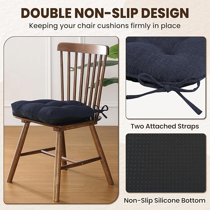 downluxe Indoor Chair Cushions for Dining Chairs, Tufted Overstuffed Textured Kitchen Chair Pads with Ties and Non-Slip Backing, 15.5" x 15.5" x 4", Navy, 6 Pack