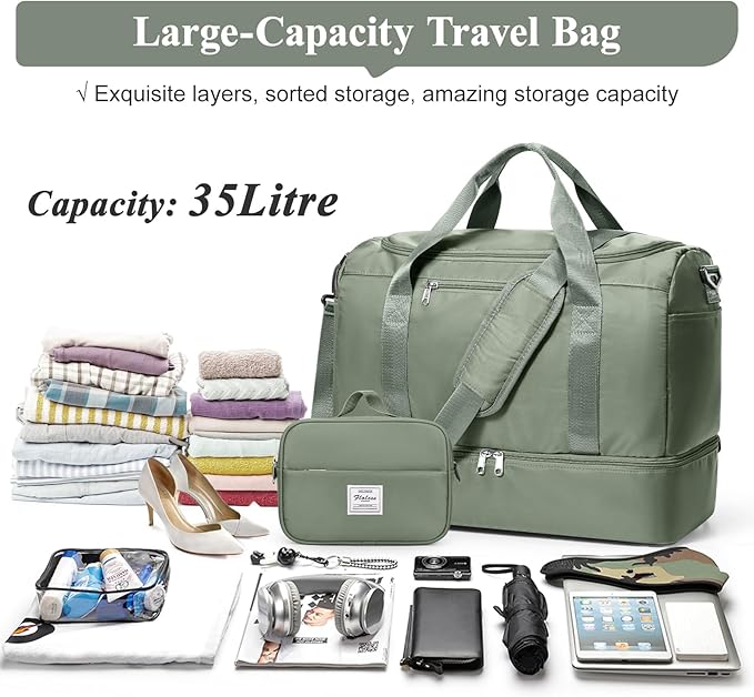 Travel Duffel Bag for Women, Carry-on Overnight Weekender Bags with Wet Pocket & Toiletry Bag, For Spirit Airlines 18x14x8 Personal Item Bag,Small,Olive Green