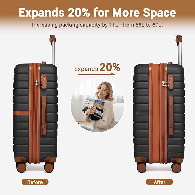 Kono Expandable 24 Inch Luggage with Spinner Wheels, Medium Checked Luggage with Lock, Lightweight & Anti-Scratch PC+ABS Hardshell Travel Suitcase, Black/Brown