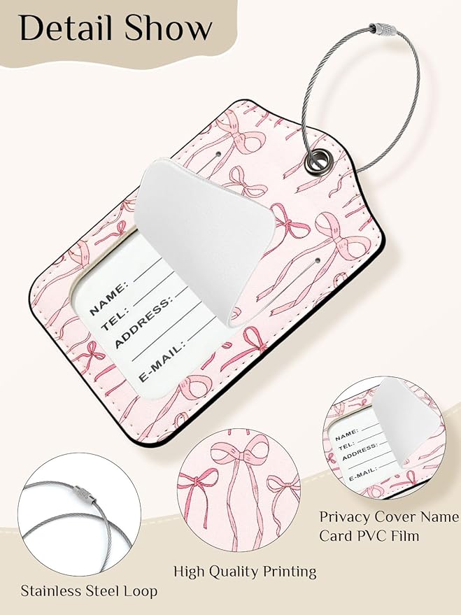 Seorsok 2Pcs Luggage Travel Tags for Suitcases,Cute Ribbon Bow PU Leather Name Tag with Privacy Cover&ID Label Address Card and Durable Metal Ring Suitable for Men Women Handbags Backpack,Pink