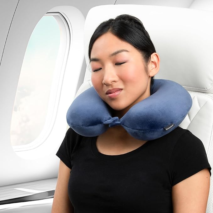 Brookstone Travel Neck Pillow - Lightweight Fleece Casing U-Shaped Stuffable Memory Foam Travel Pillow for Sleeping and Neck Support, Blue