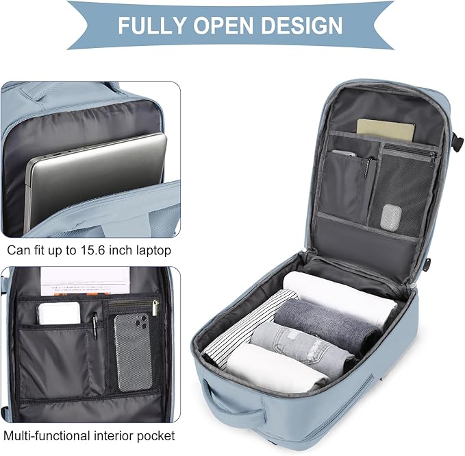 coowoz Large Travel Backpack For Women Men,Carry On Backpack Flight Approved,Hiking Backpack Waterproof Outdoor Rucksack Casual Daypack Fit 15.6 Inch Laptop Shoes Compartment,30L (Gray Blue)