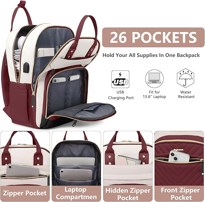 Laptop Backpack for Women Work Bag - 15.6 inch Travel Backpack Purse with USB Charger College Bookbag Waterproof Cute Casual Daypack Business Computer Backpacks for Teacher Nurse Beige Wine Red