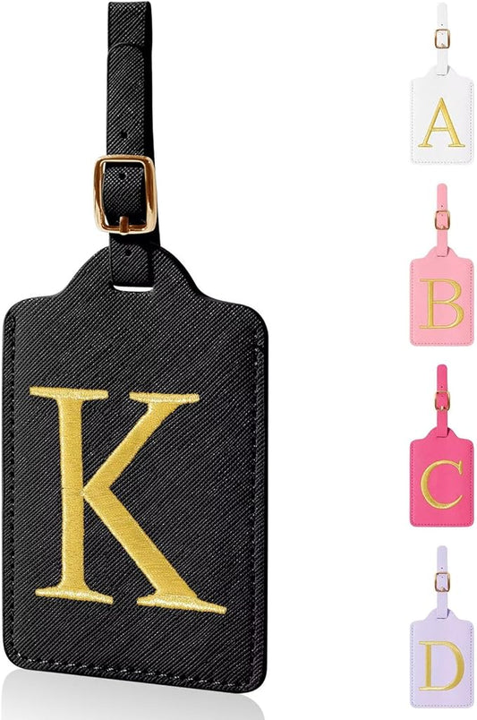 Personalized Initial Luggage Tags for Suitcases,Leather Letter Cute Luggage Tags with Privacy Name Card,Embroidered Monogrammed Travel Bag Backpack Tag Gifts for Women Kids Girls Teens(Black-K)