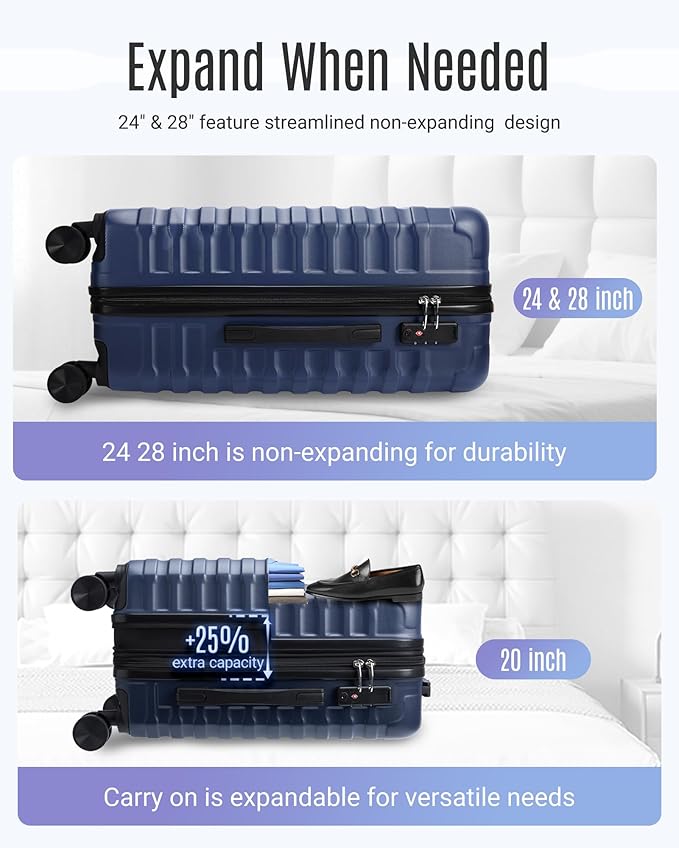 LIGHT FLIGHT Luggage Sets, 3 Piece Durable Suitcase Set with Spinner Wheels, 3 Pcs Hardside Lightweight luggage with TSA Lock, Large Checked Travel Suitcases, 20/24/28 Inch, Dark Blue