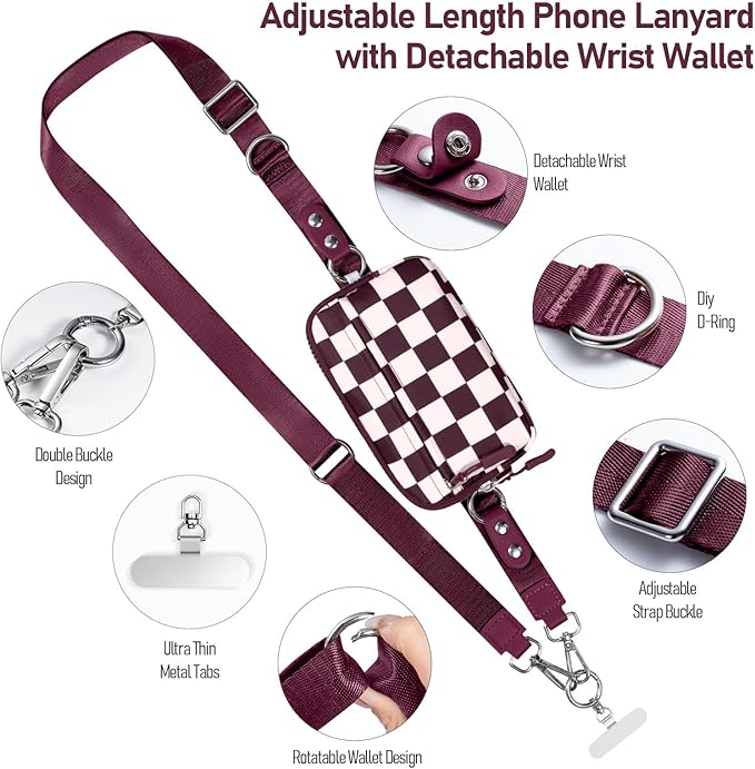 Tiostep Clip and Go Strap for Phone with Wallet Crossbody Phone Lanyard and Detachable Checkered Bag with ID Window and RFID Pouch for Daily Travel.