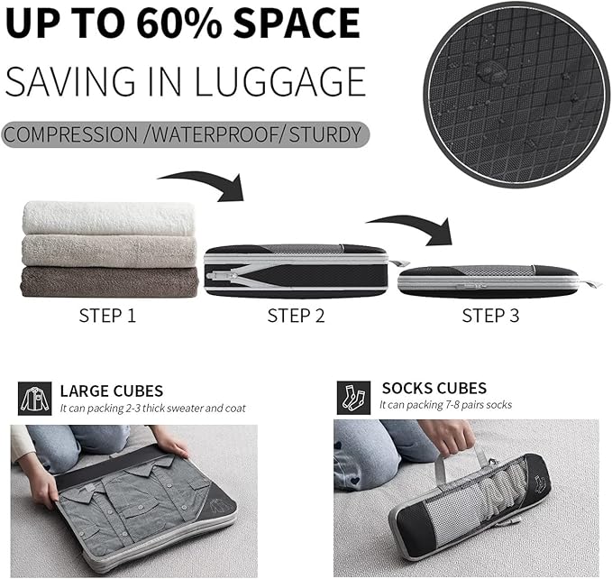 9-Set Packing Cubes with Hanging Bag | 9-Size Combination, Mesh Fabric & Reflective Stripe | Travel Luggage Organizers (Black)
