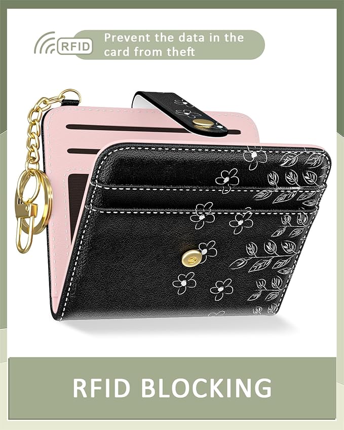 Aiawoxc Womens Wallet, RFID Small Wallets for Women, Slim Compact Credit Card Holder, Cute Leather Bifold Ladies Purse with Zipper Coin Pocket and ID Window, Pinwheel Flowers