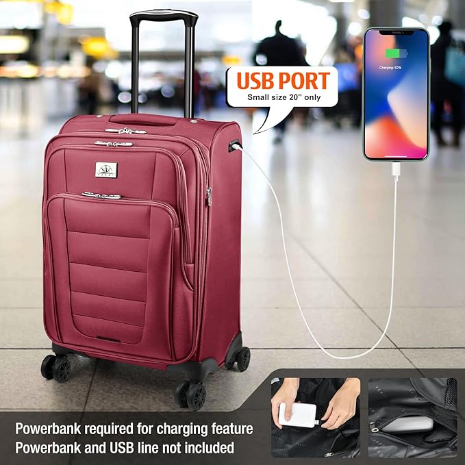 Verdi Luggage Set 3-Piece Suitcase with Spinner Wheel Softside Expandable, Carry On Luggage with USB Port (Burgundy, 3-Piece set(20/24/28))