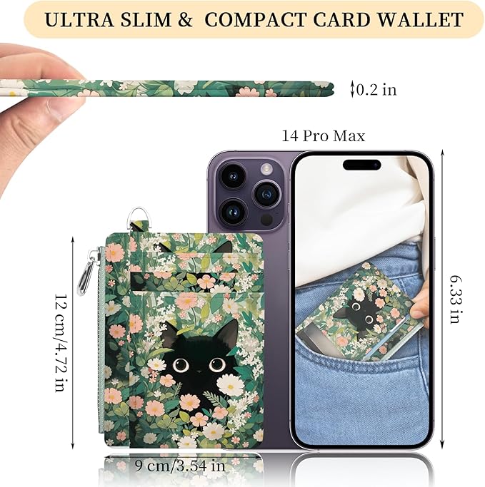 Hancynir Slim Wallet Women Credit Card Holder Cute Black Cat Floral RFID Small Mini Card Case Front Pocket PU Leather Thin Travel Zipper Coin Cash ID Window Girls Wallet Gifts