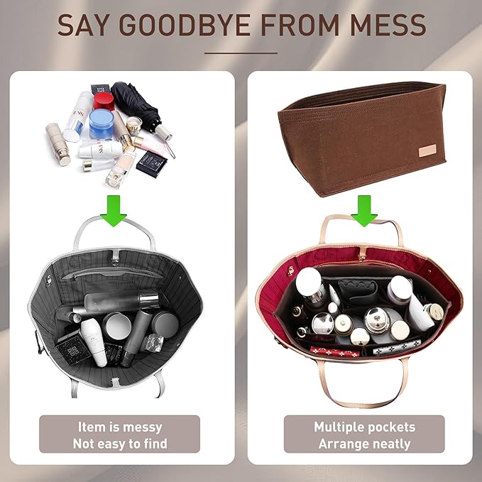 Doxo Purse Organizer Insert for Handbags & Base Shaper 2pc Set, Felt Bag Organizer for Tote with 3 Sizes, Compatible with Neverful PM and More (PM-Brown-Medium)