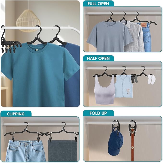 30 Pcs Travel Hangers Portable Foldable Travel Hanger Organizer, Plastic Cruise Essentials Clothes Drying Rack Folding Hangers for Camping Flying RV Europe Vacation Essentials Suitcase, Pitch Black