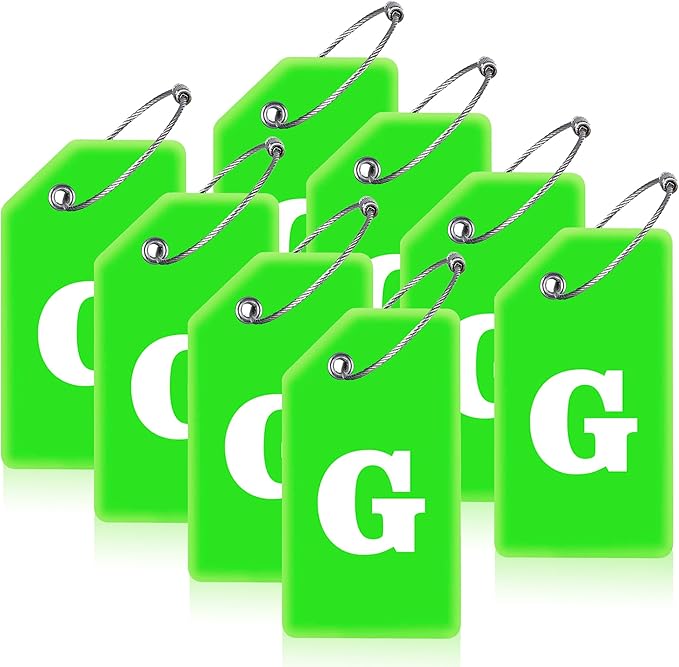 Gostwo 8 Pack Luggage Tags for Suitcases, 26 Initial Letter Travel Luggage Baggage Identification Labels ID Tags Fully Bendable Tags with Stainless Steel Loop (Letter G, Green)