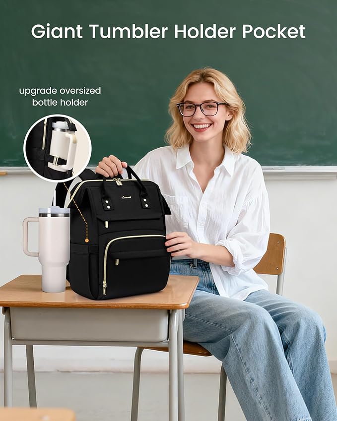 LOVEVOOK Laptop Backpack for Women with Giant Tumbler Holder Pocket,18 inch Waterproof Travel Backpack Purse Computer Laptop Bag,Professional Work College Nurse Teacher Backpack Casual Daypack,Black