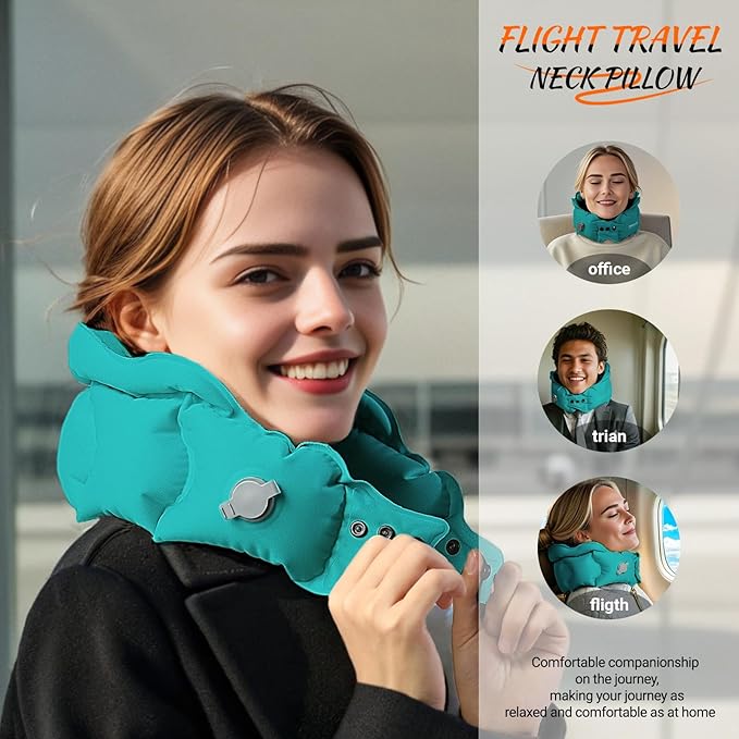 Inflatable Travel Pillow for Airplane, Inflatable Neck Pillow Airplane for Travel Office Nap Neck Support, Buy 1 Get 3 Professional Green Sleeping Eye Mask and Highly Silent