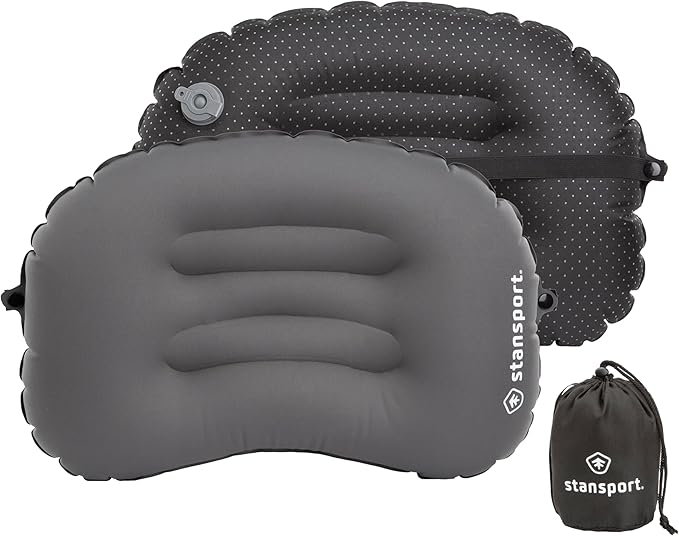 Stansport Lightweight Inflatable Camping Pillow – Ergonomic Ultralight Backpacking Pillow with Stay-Put Sleeping Pad Strap and Anti-Slip Grip – Compact Travel & Hiking Gear with Carry Bag