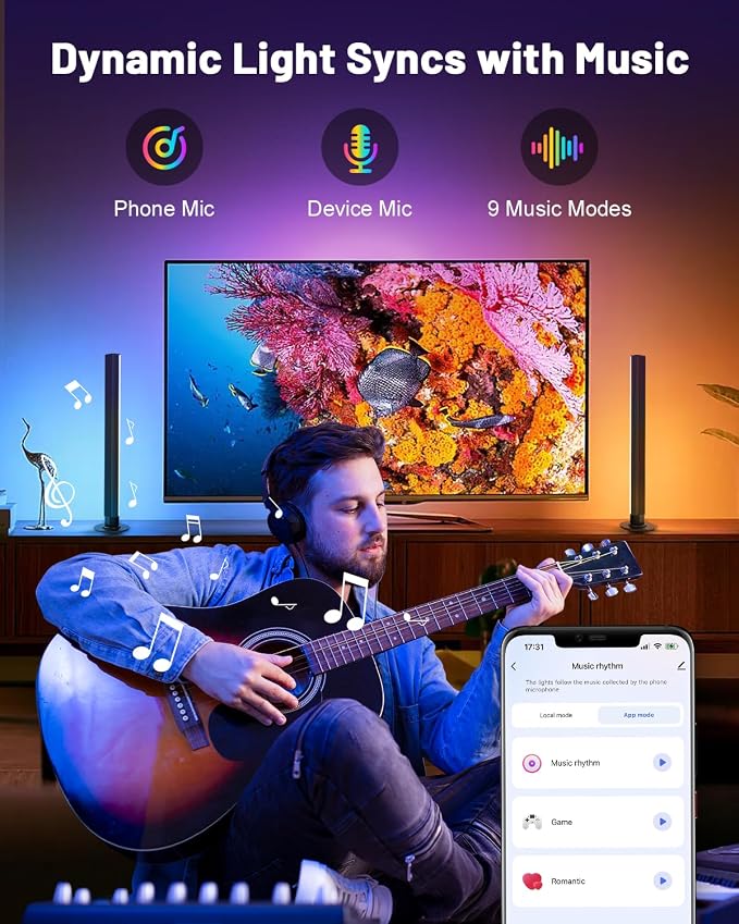 Smart RGB+IC LED Light Bars, 15 Inch Gaming Lights for TV Backlight, Color Changing Lights with Music Sync, 16 Million Colors, Works with Alexa & Google Assistant, 44 Dynamic Modes for TV Monitor Room