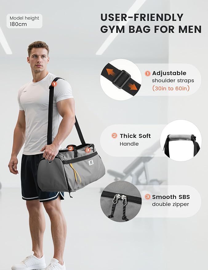 SKYSPER Gym Bag for Men & Women with Shoe Compartment, Carry-on Gym Duffle Bag for Travel and Sports, Workout Overnight Bag with Large Wet Pocket, Gray