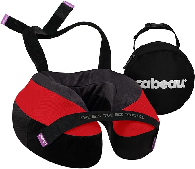 Cabeau Travel Neck Pillow for Airplanes – The Neck’s Evolution, TNE S3 – Supportive Memory Foam Design for Long Haul Flights – Attachable Seat Straps and 360° Support (London Red)